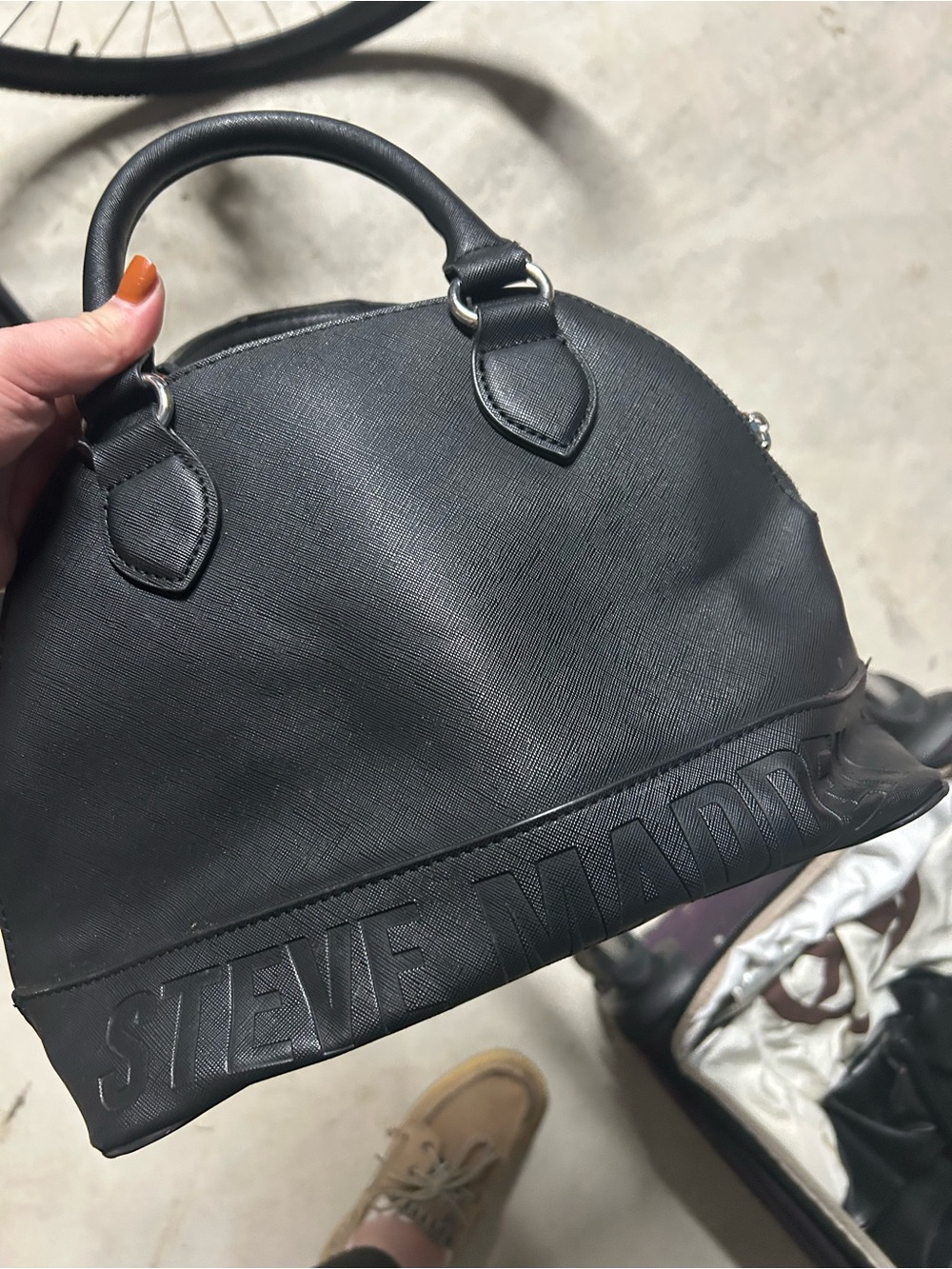 Steve Madden Black Dome Leather Satchel with Embossed Logo